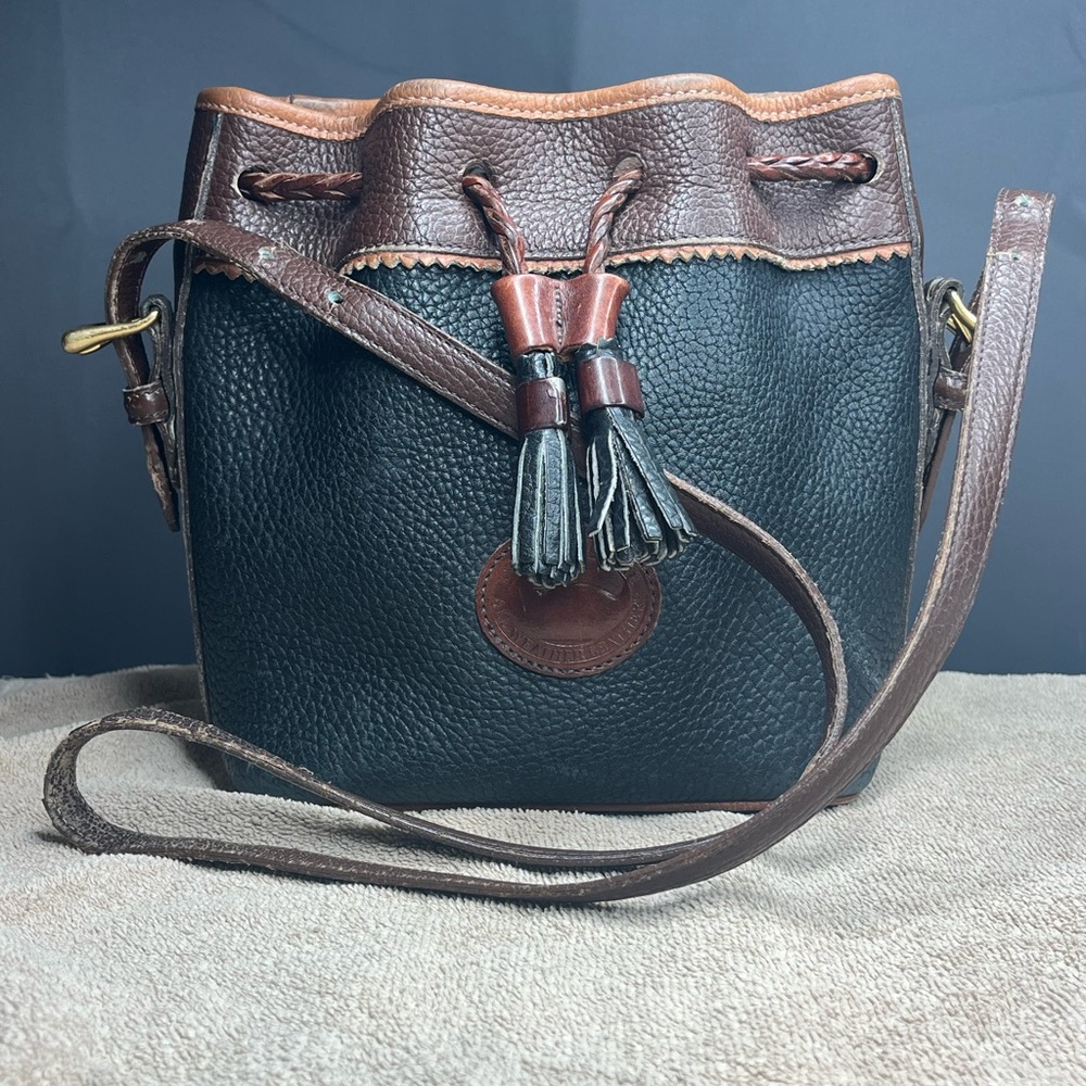 Vtg Dooney &Bourke Hobo Bucket Black Brown Teton Drawstring Shoulder Bag. DAMAGE